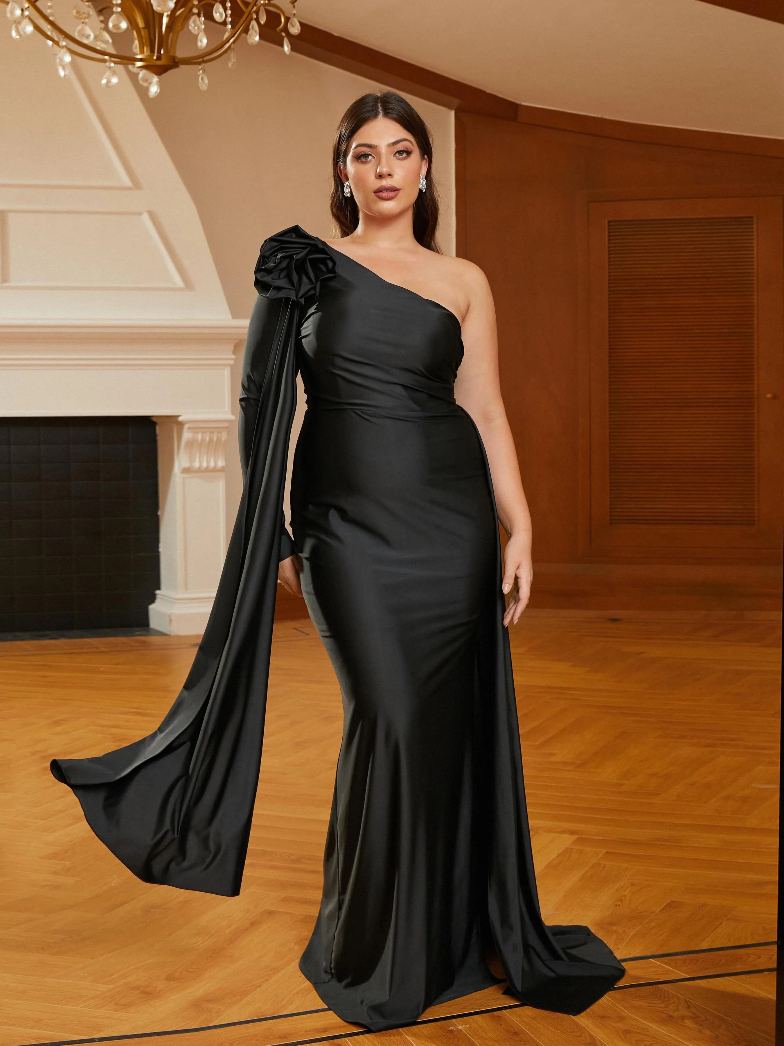 Plus Size One Shoulder Draped Knit Black Formal Dress PRJ10983