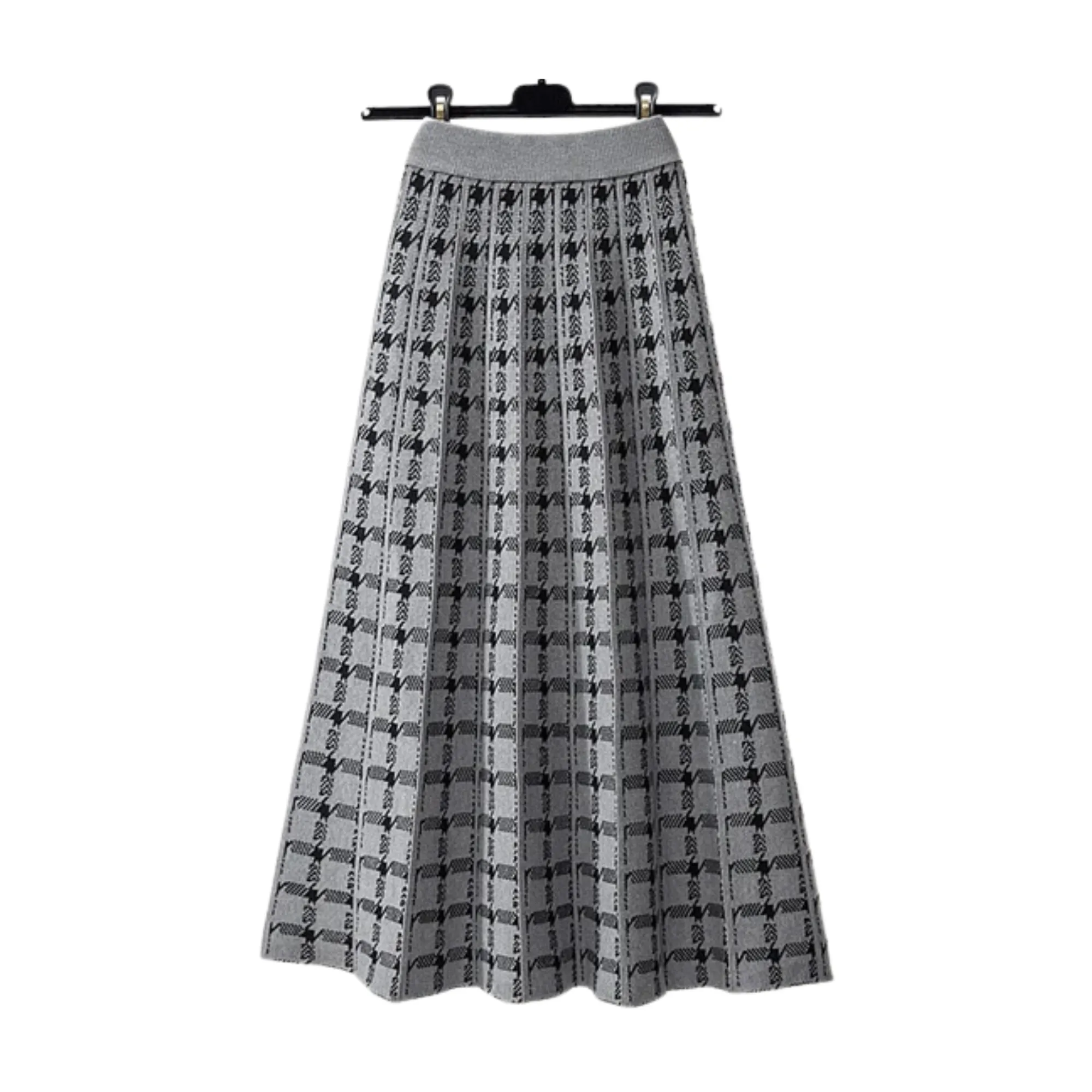 Pre Order:  Houndstooth Knitted Plaid Midi Skirt