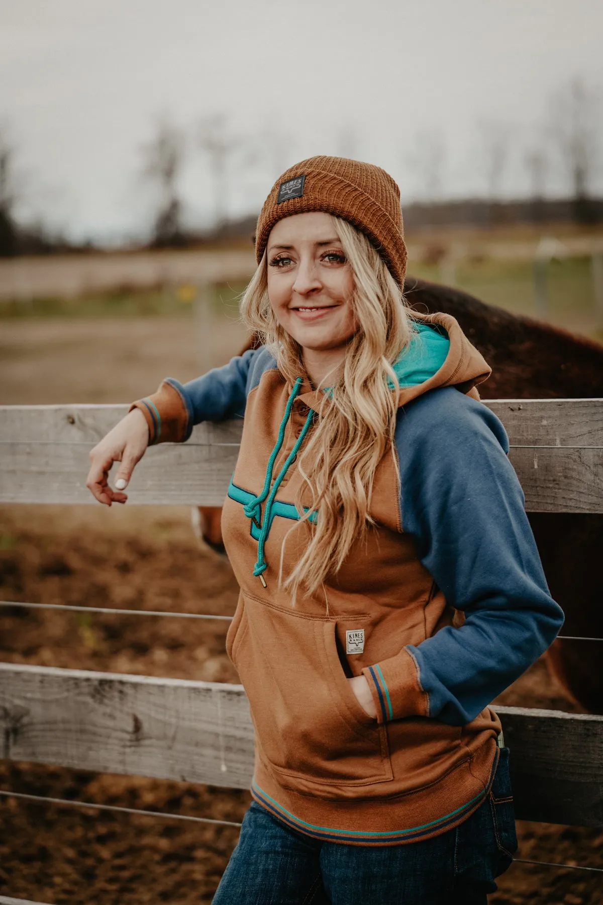 Premium Knit Beanie with Leather Logo Patch by Kimes Ranch (Work Wear Brown)