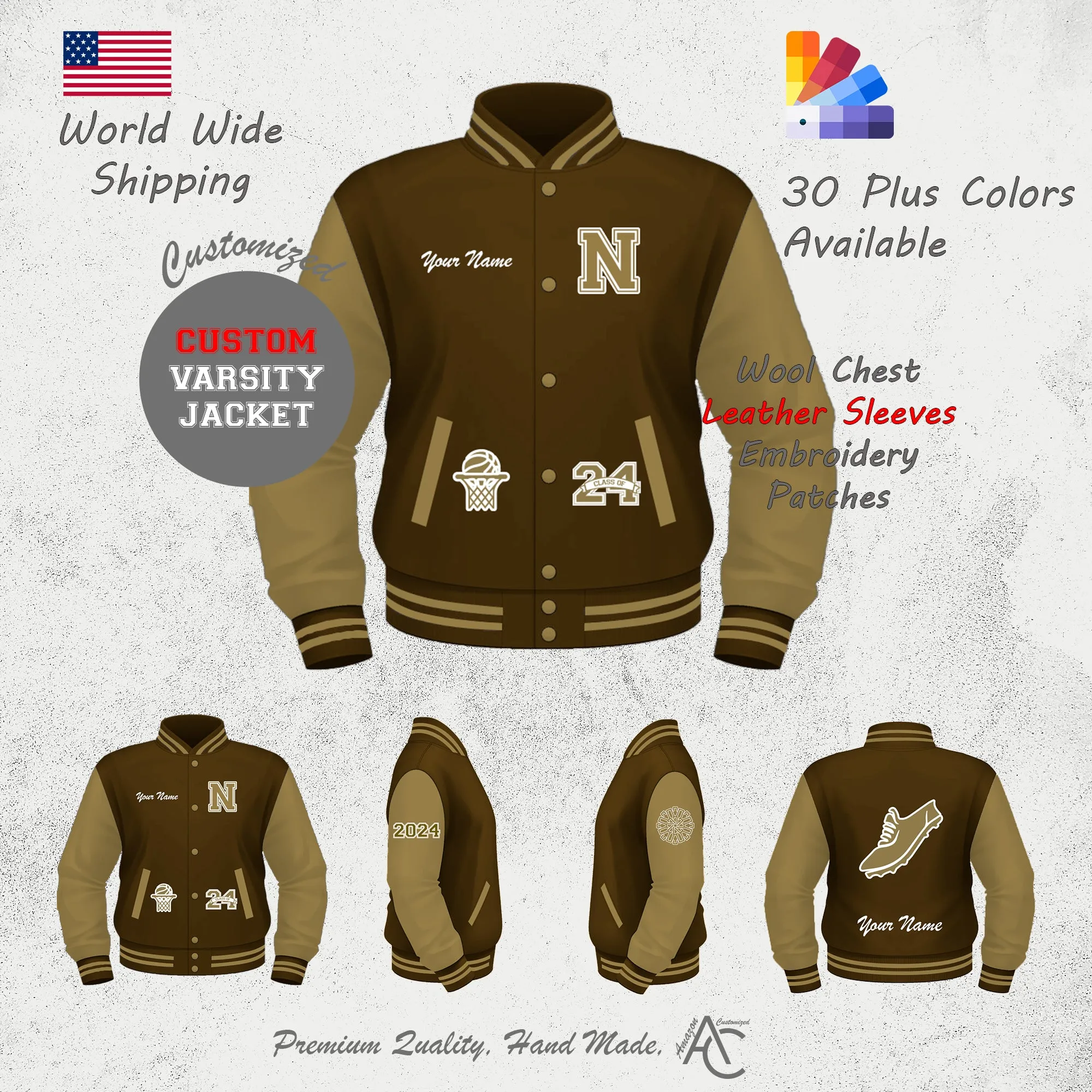 Premium Letter Custom Varsity Letterman Jackets For Men with Genuine Cowhide Leather Sleeves - Chocolate Brown