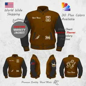 Premium  Letter Custom Varsity Letterman Jackets For Women with Genuine Cowhide Leather Sleeves- Brown Black