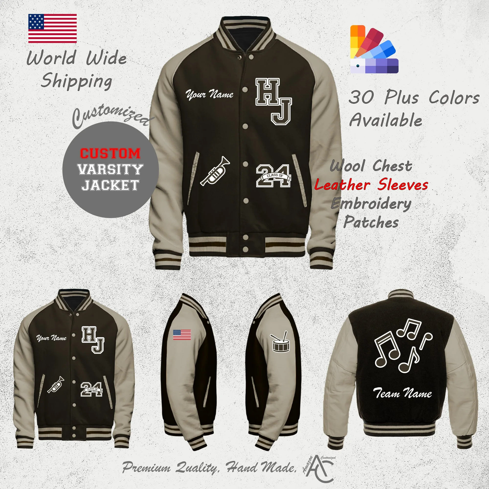 Premium  Letter Custom Varsity Letterman Jackets For Women with Genuine Cowhide Leather Sleeves- Dark Brown