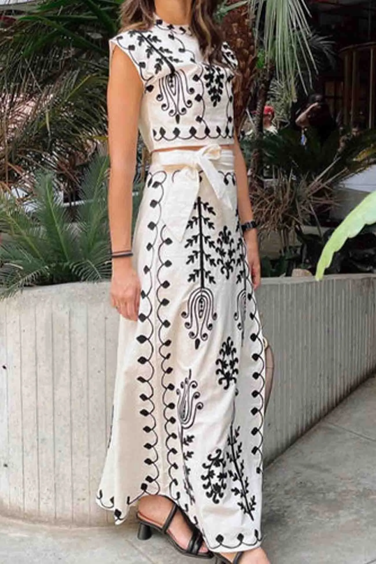 Printed Short Sleeve Strappy Skirt Set