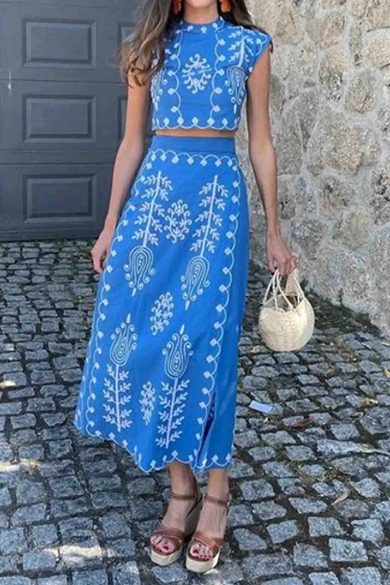 Printed Short Sleeve Strappy Skirt Set