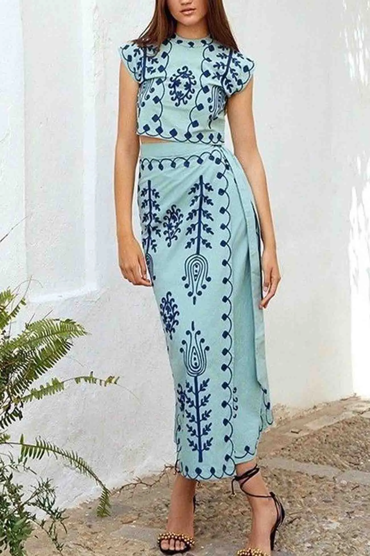 Printed Short Sleeve Strappy Skirt Set