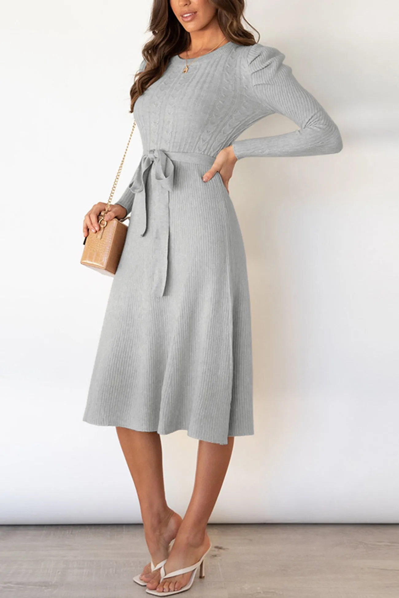 Puff Sleeve Tie-waist Knit Dress