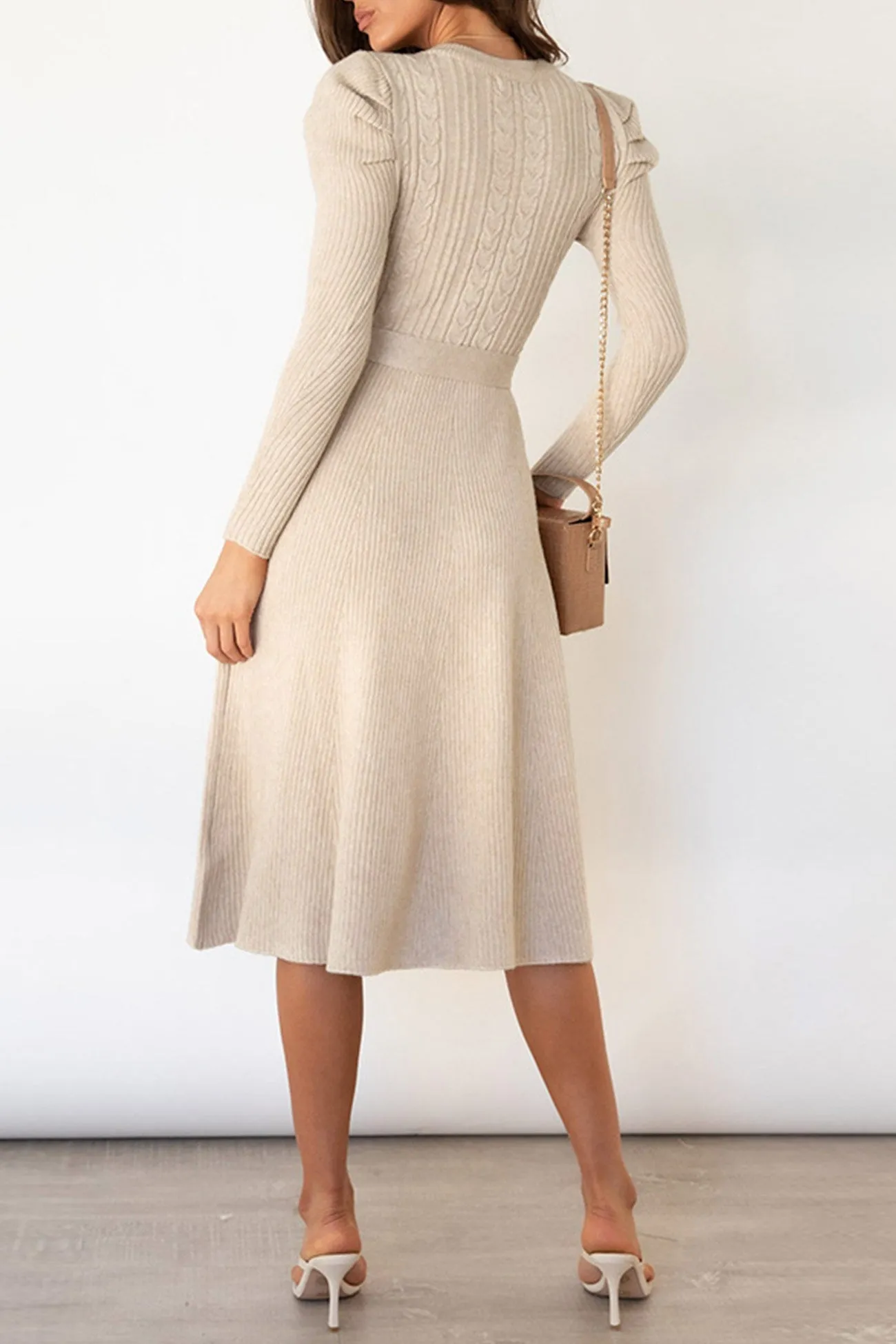 Puff Sleeve Tie-waist Knit Dress