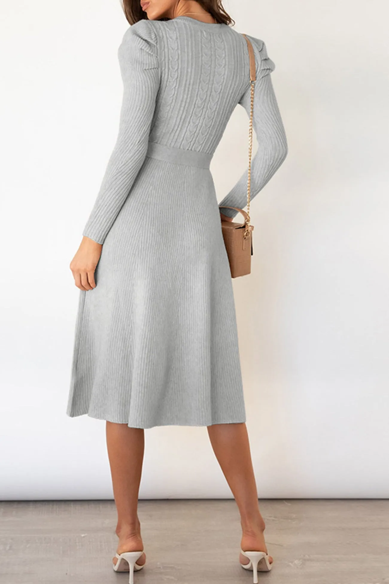 Puff Sleeve Tie-waist Knit Dress