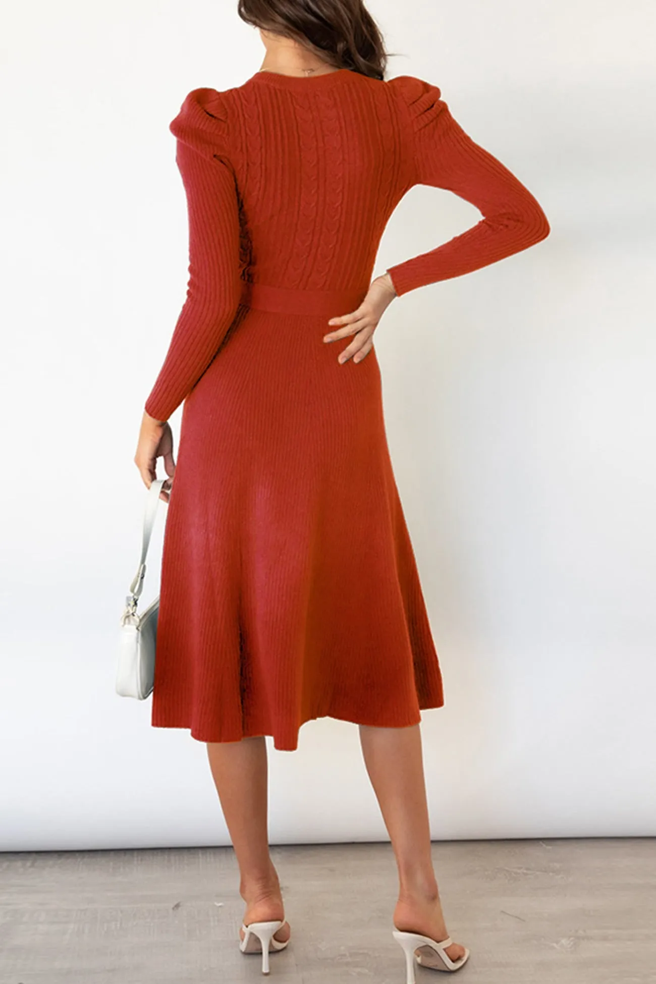 Puff Sleeve Tie-waist Knit Dress