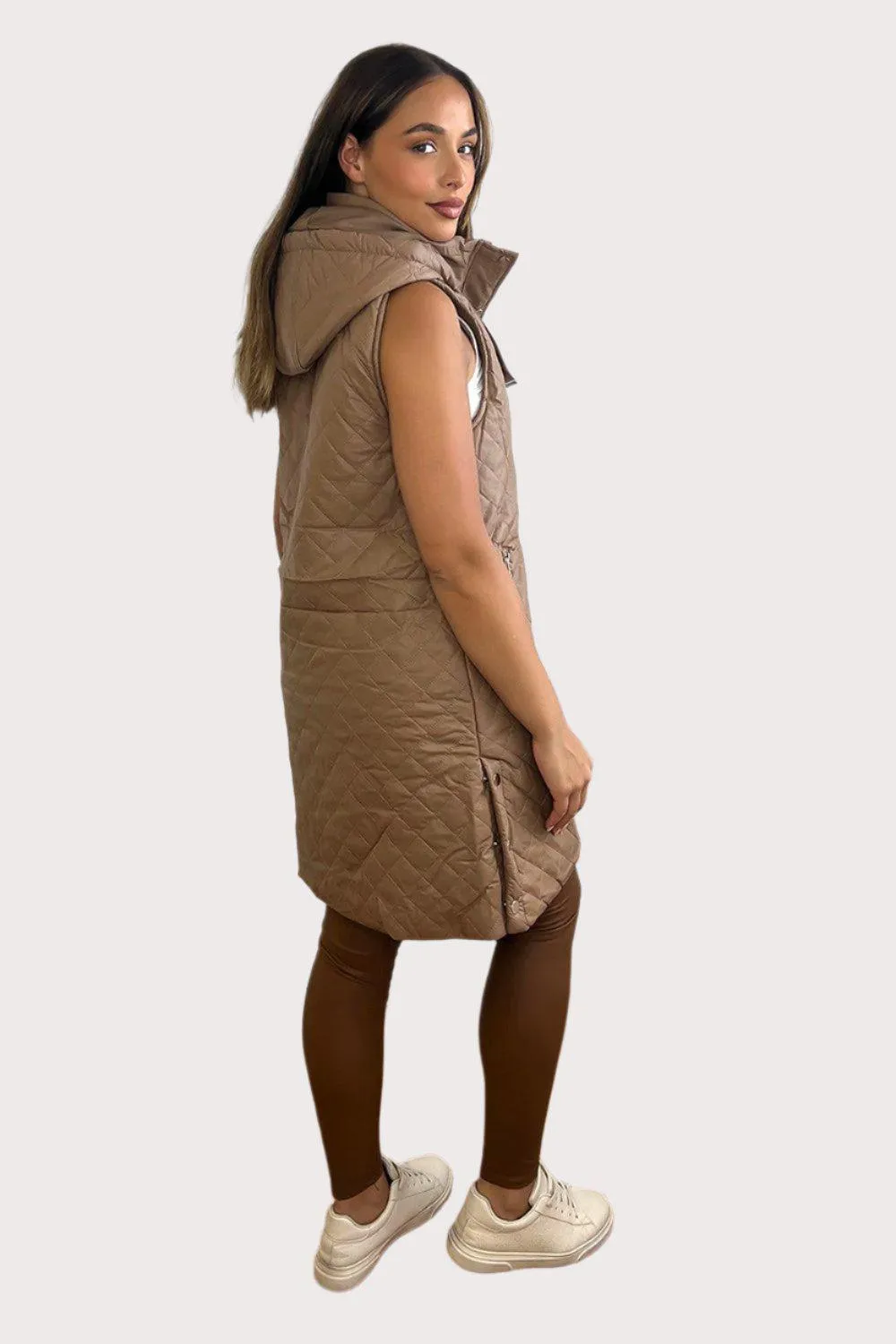 Quilted Leather Look Hooded Sleeveless Zip Waistcoat