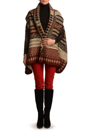 Red, Dark Blue & Black Aztec On Beige Blanket Wrap (Poncho)