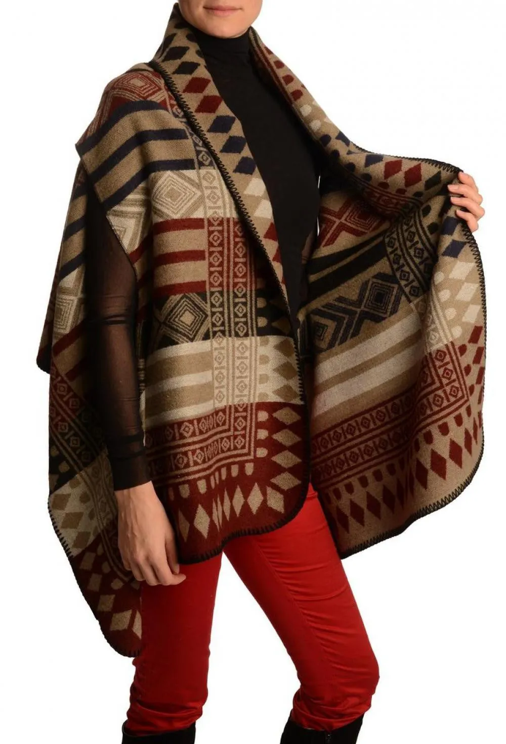 Red, Dark Blue & Black Aztec On Beige Blanket Wrap (Poncho)