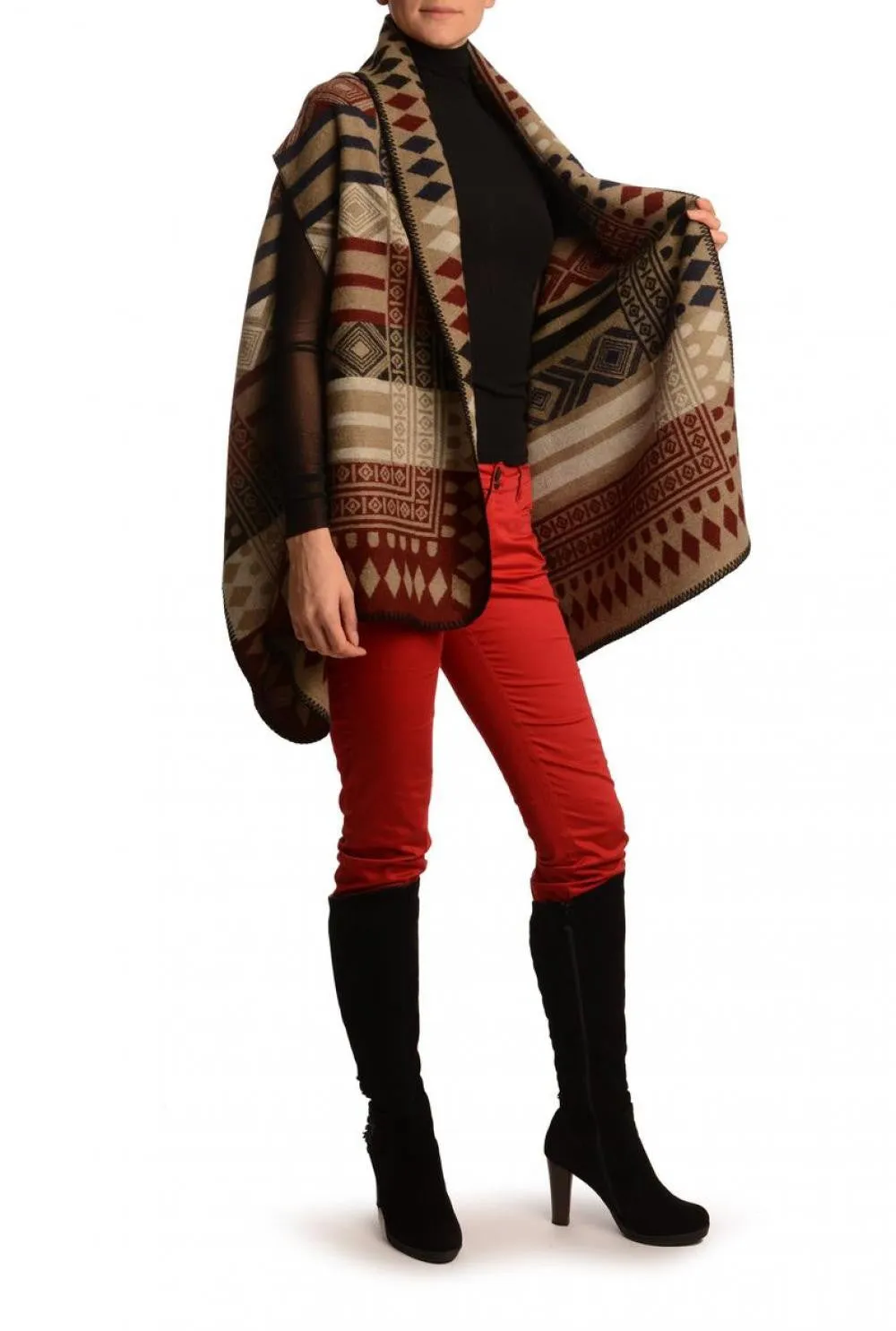 Red, Dark Blue & Black Aztec On Beige Blanket Wrap (Poncho)