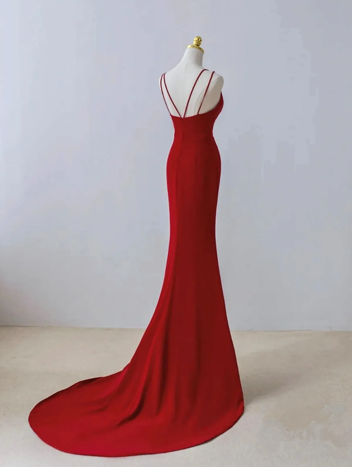 Red Mermaid V-neckline Straps Long Evening Dress, Red Formal Dress