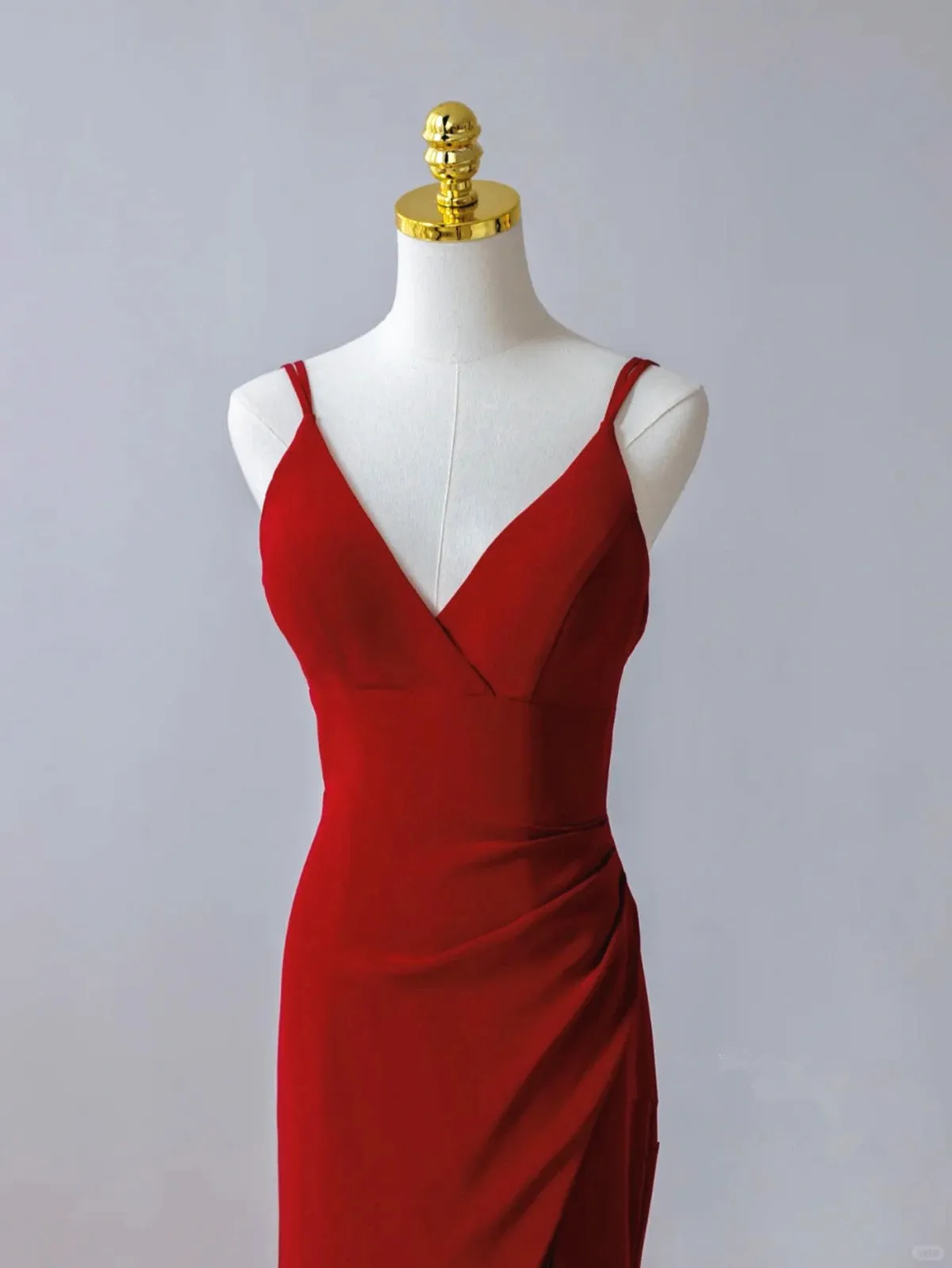 Red Mermaid V-neckline Straps Long Evening Dress, Red Formal Dress