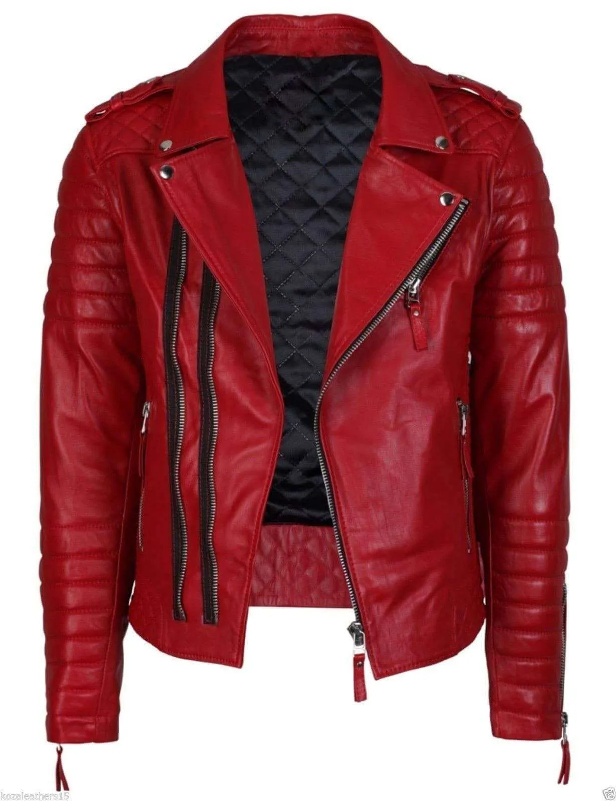 Red Quilted Leather Biker Jacket Perfect Re Product Casual Jacket