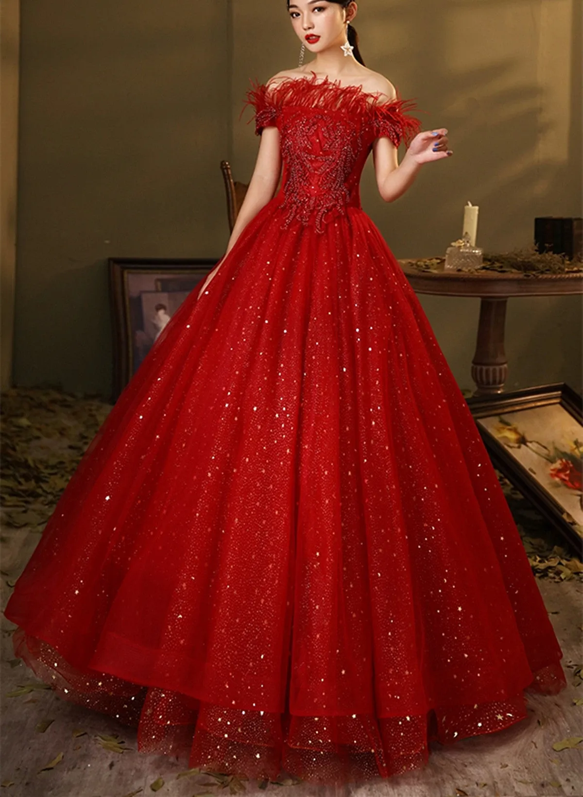 Red Scoop Ball Gown Shiny Tulle Off Shoulder Party Dress, Red Sweet 16 Dress Formal Dress