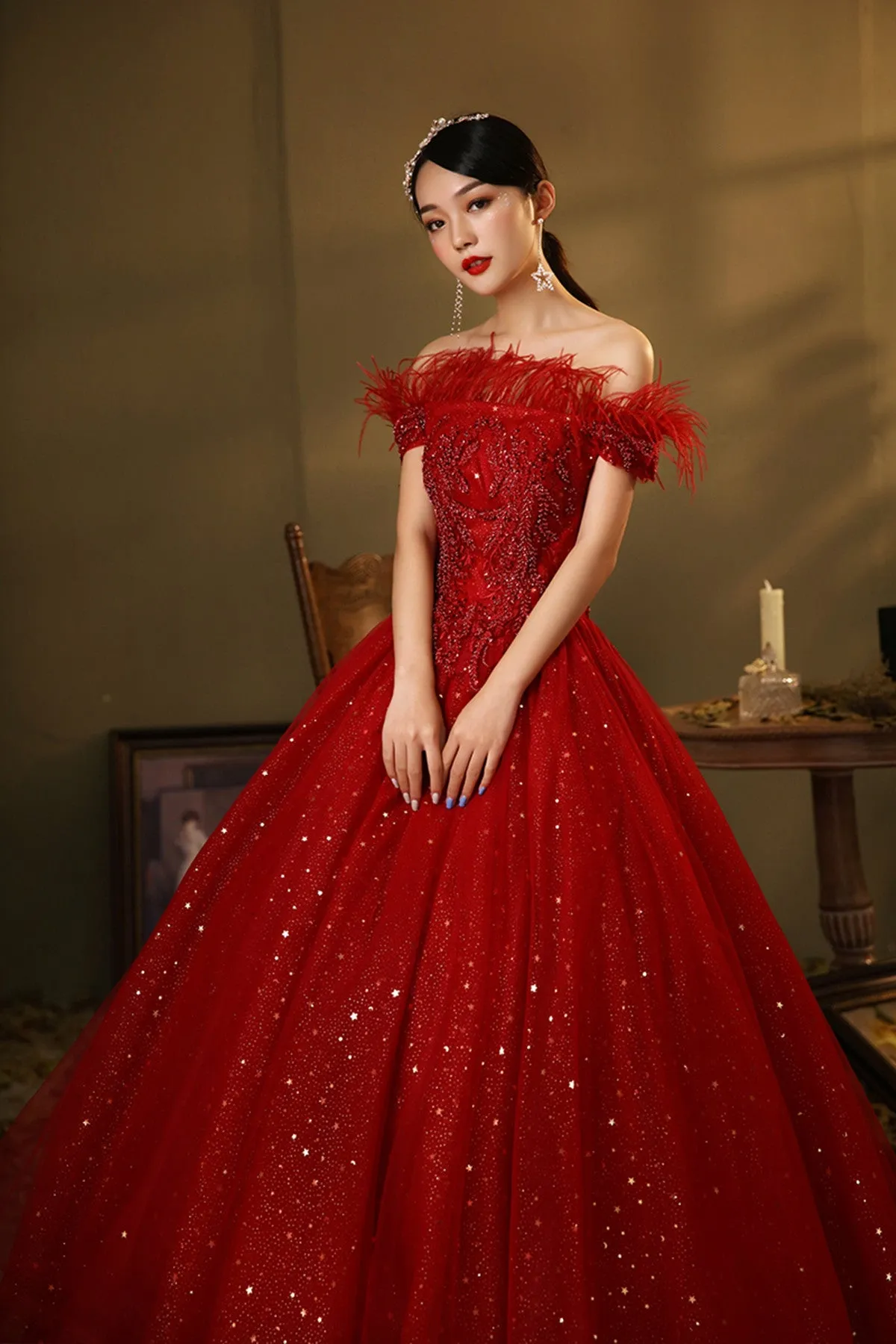 Red Scoop Ball Gown Shiny Tulle Off Shoulder Party Dress, Red Sweet 16 Dress Formal Dress