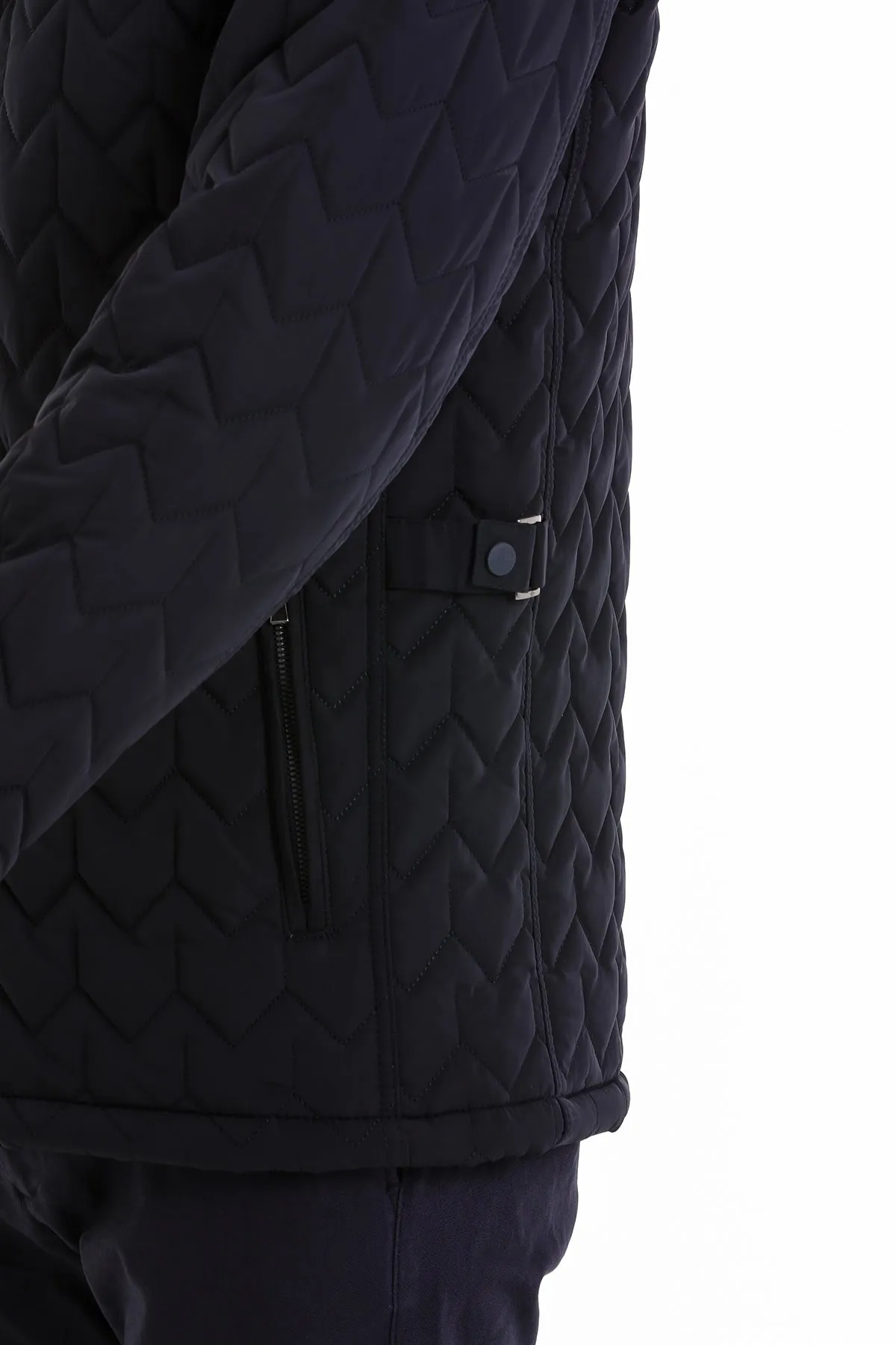 Regular Fit Quilted Stand Collar Navy Coat, Navy