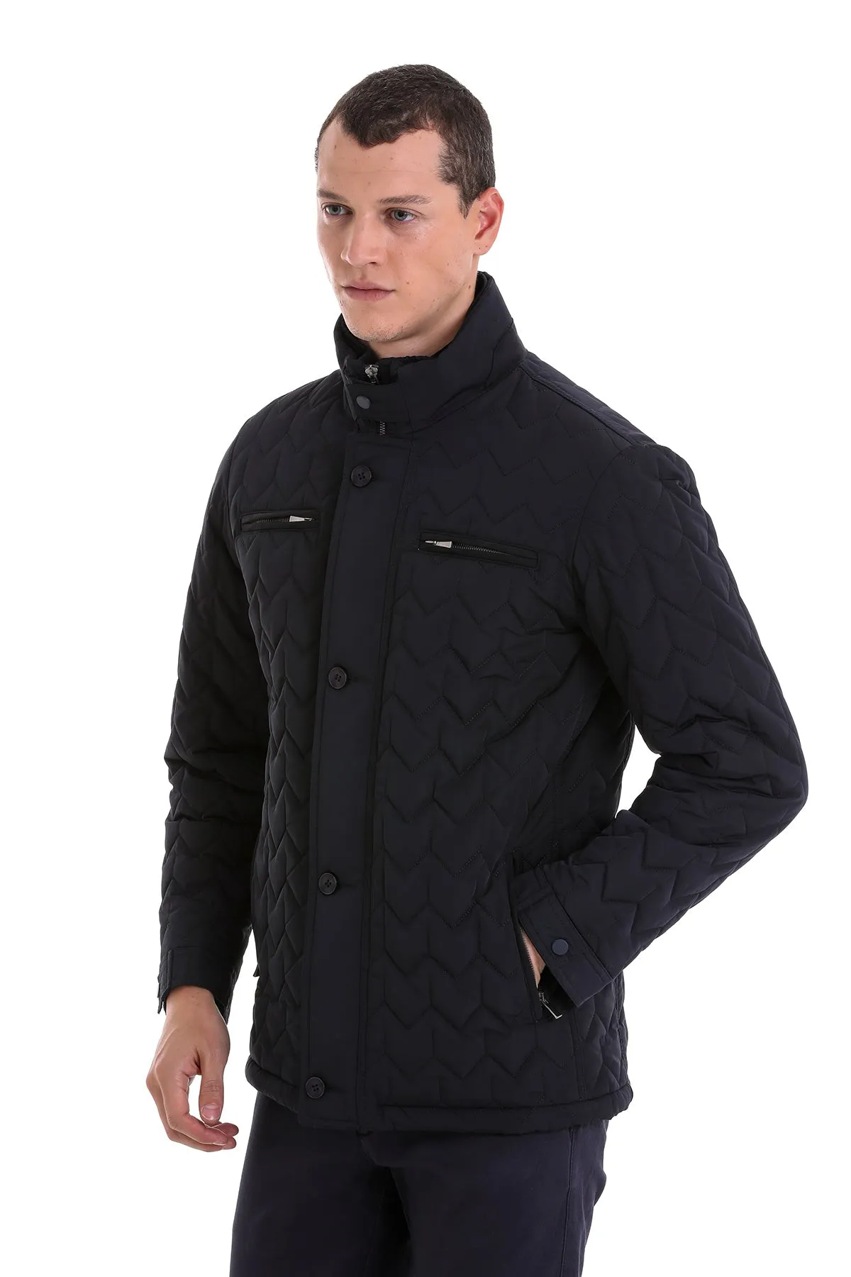 Regular Fit Quilted Stand Collar Navy Coat, Navy