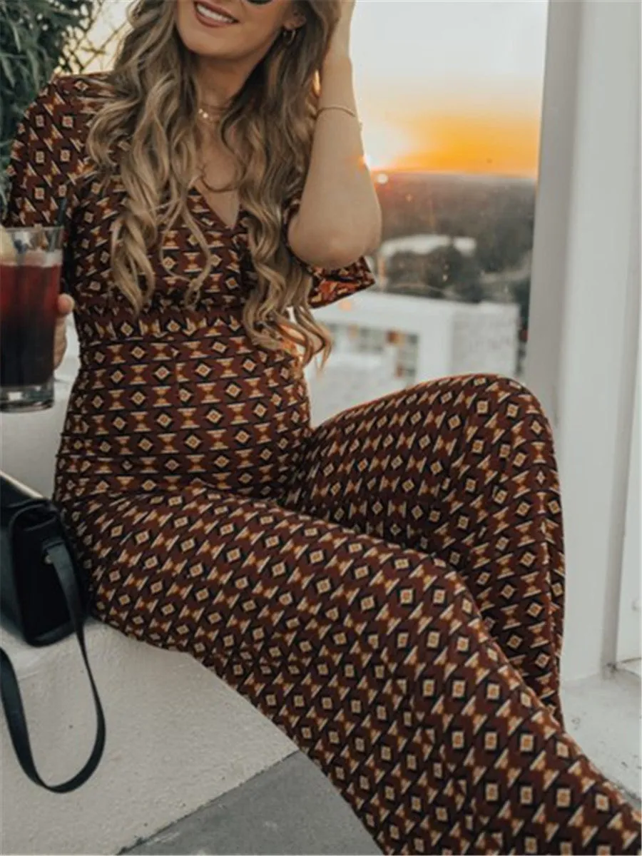 Retro Bohemian Geometric Print Maternity Jumpsuit