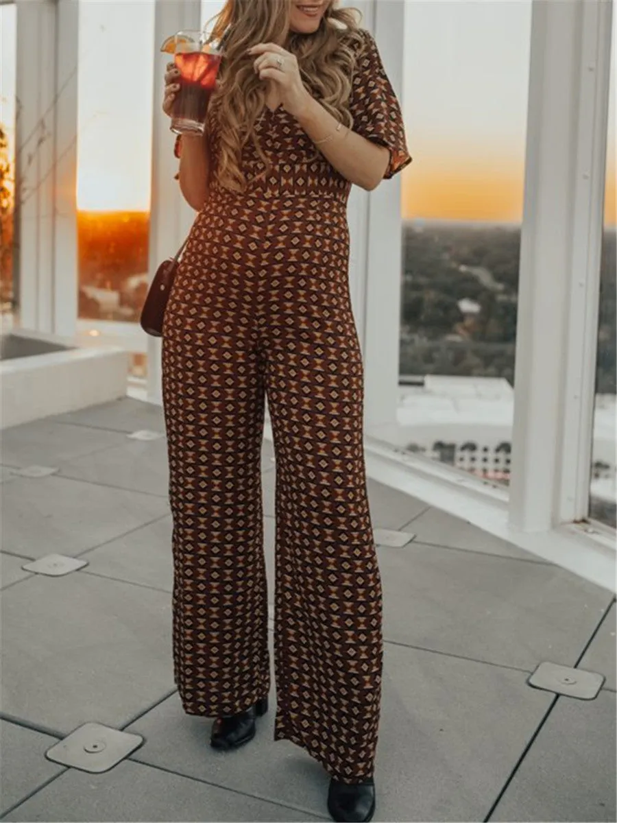 Retro Bohemian Geometric Print Maternity Jumpsuit