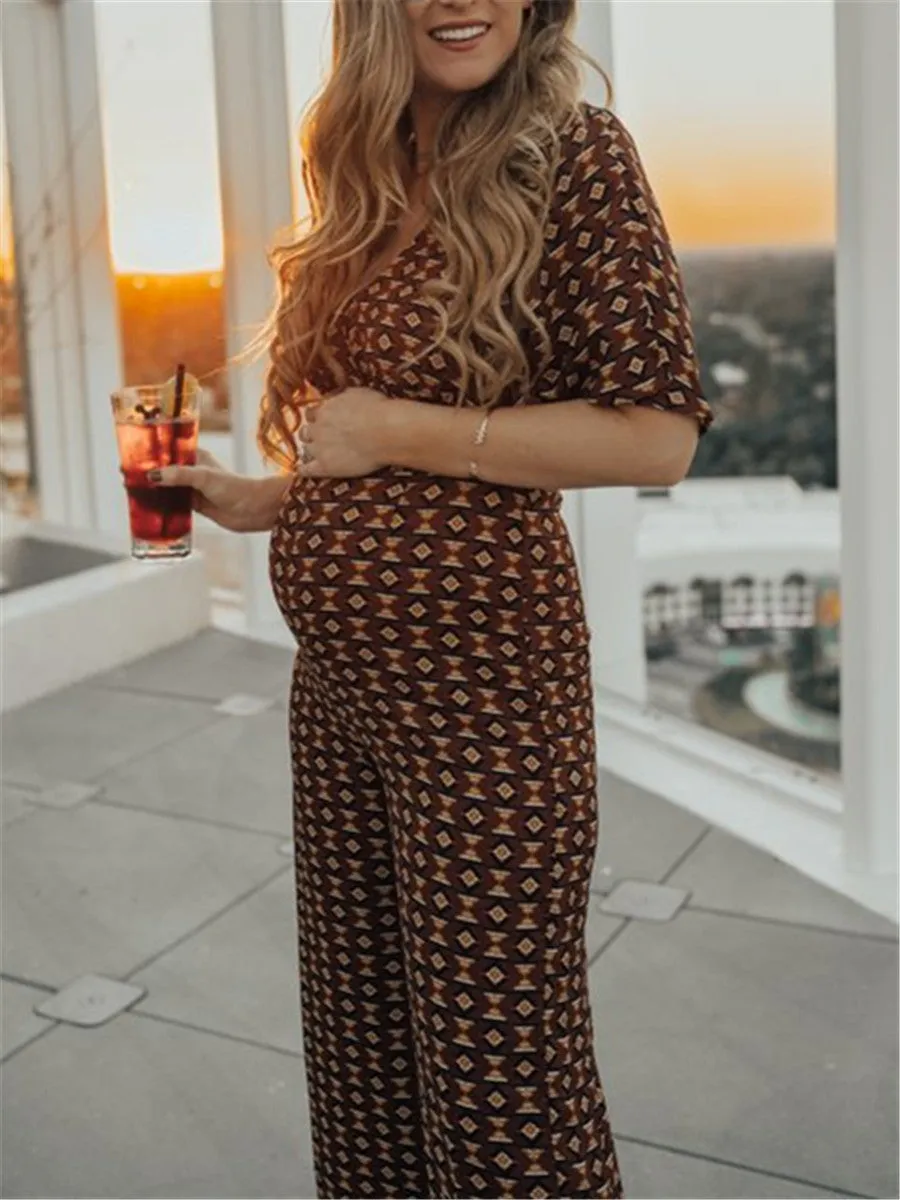 Retro Bohemian Geometric Print Maternity Jumpsuit