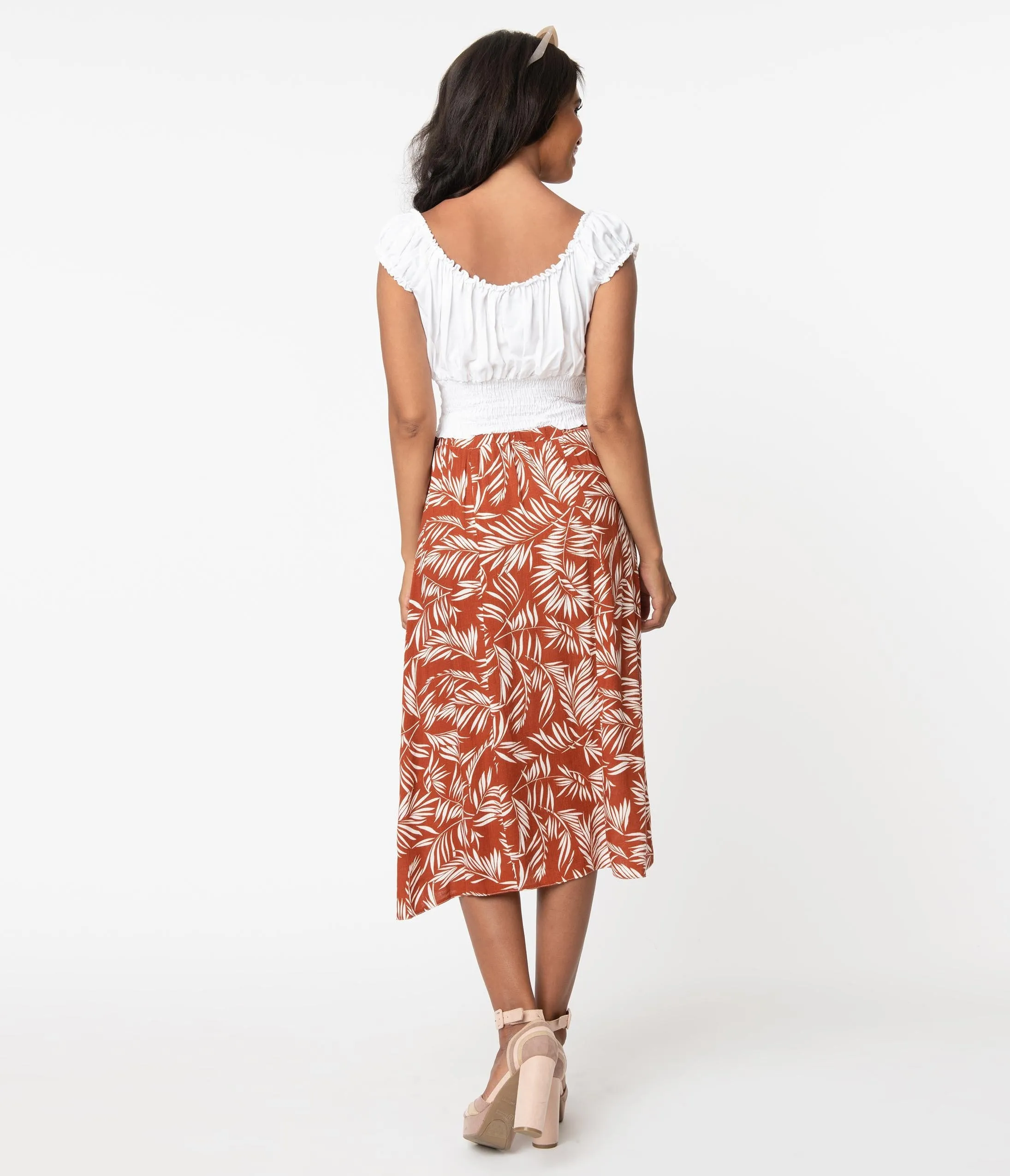 Retro Style Rust & Ivory Tropical Print Midi Skirt