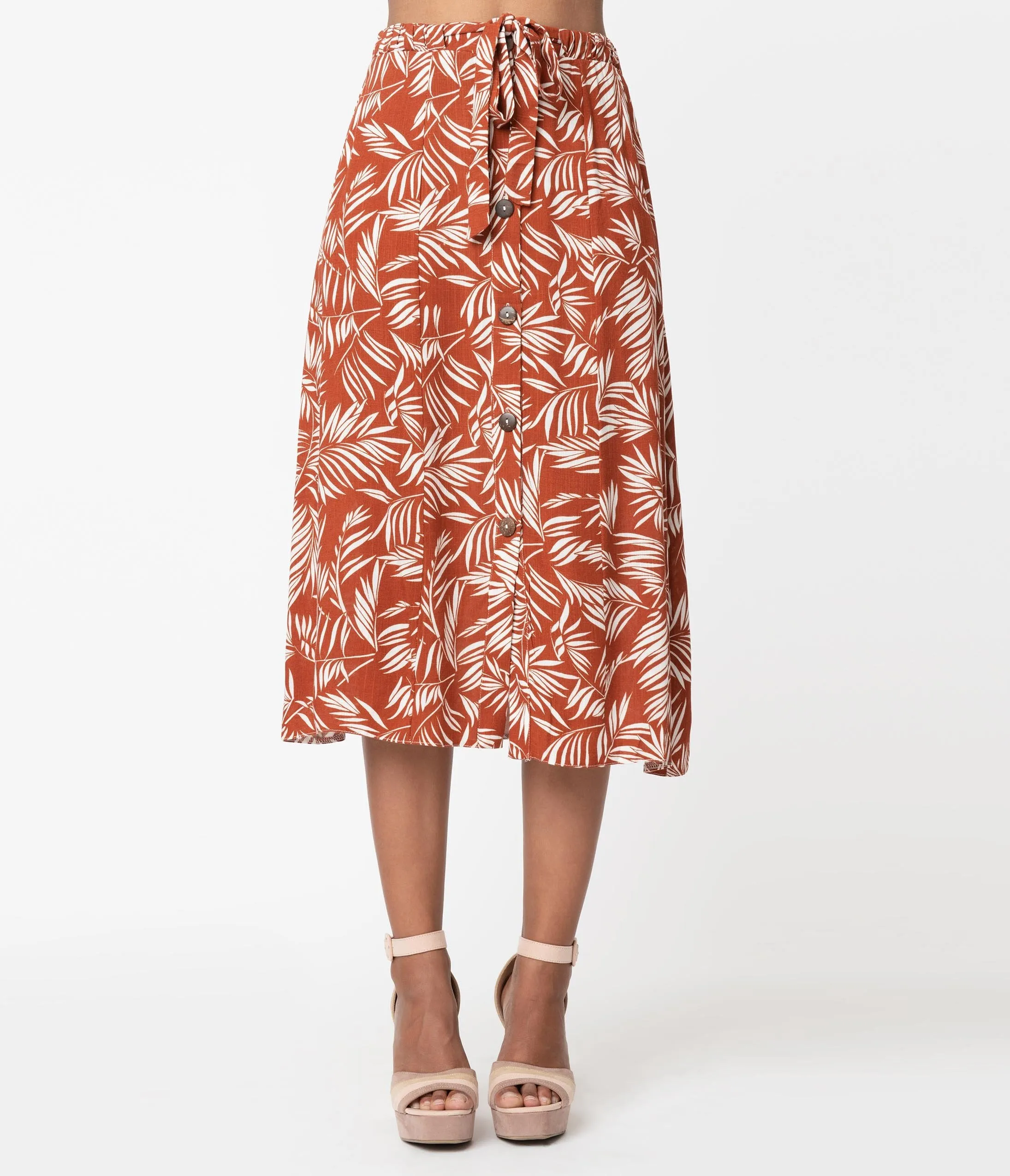 Retro Style Rust & Ivory Tropical Print Midi Skirt