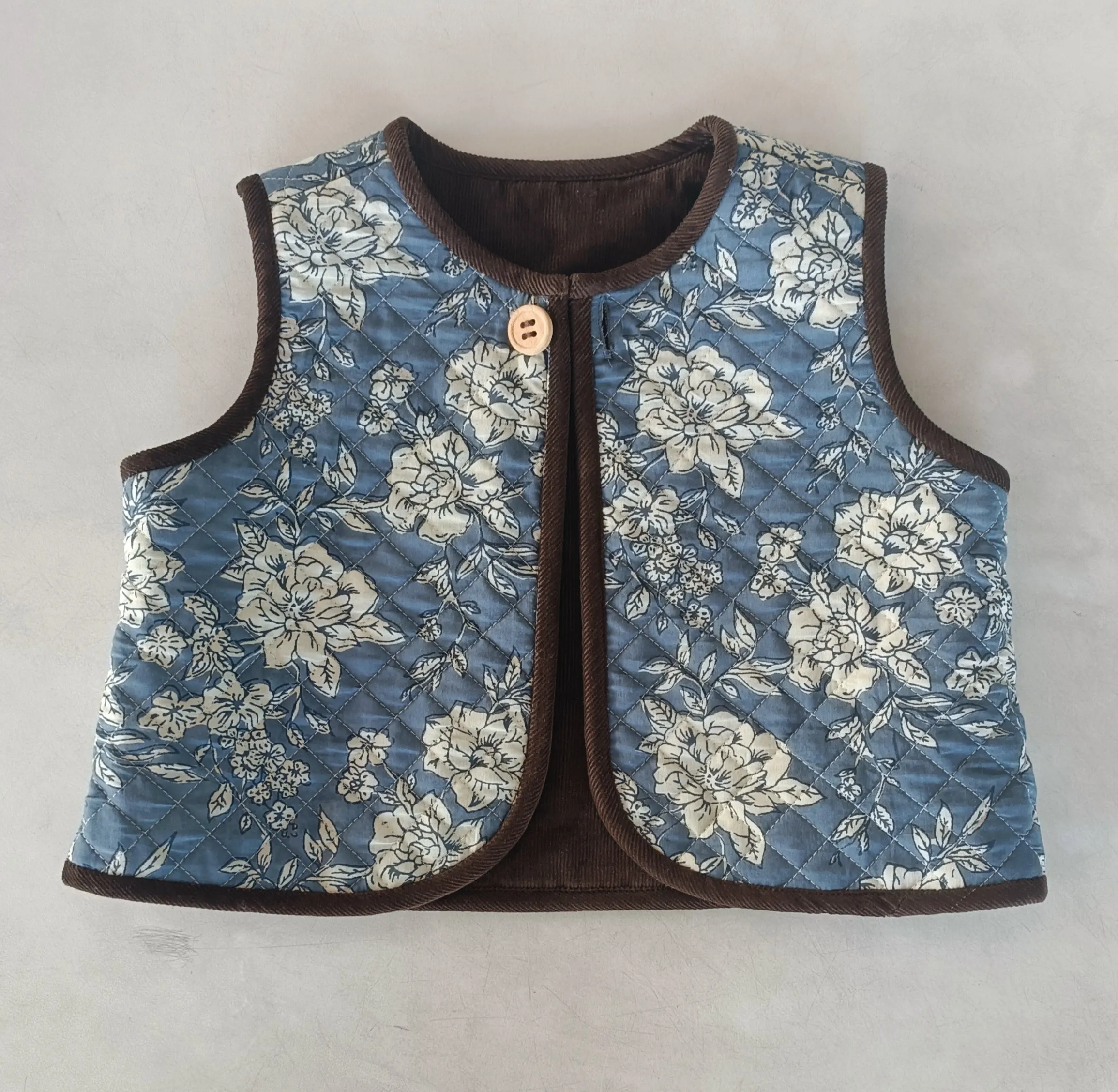 Reversible Chocolate Brown Corduroy & Grey Floral Print Quilted Sleeveless Jacket