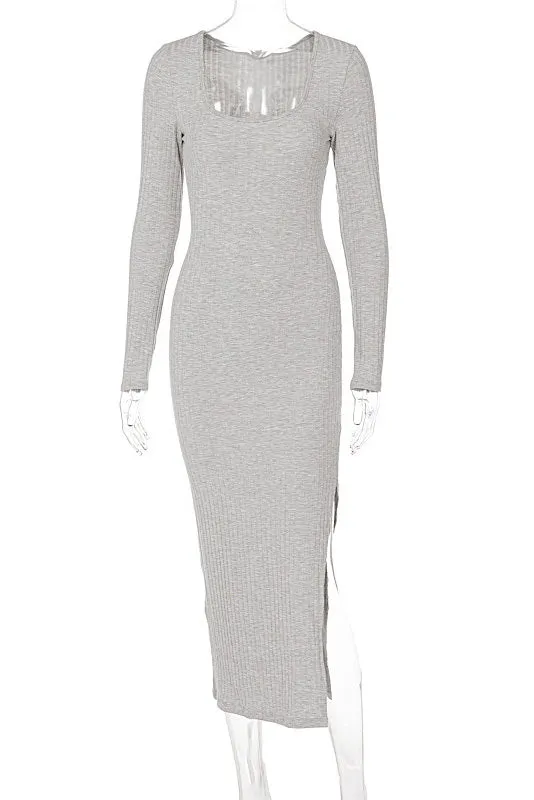 Ribbed Square Neck Bodycon Casual Dress