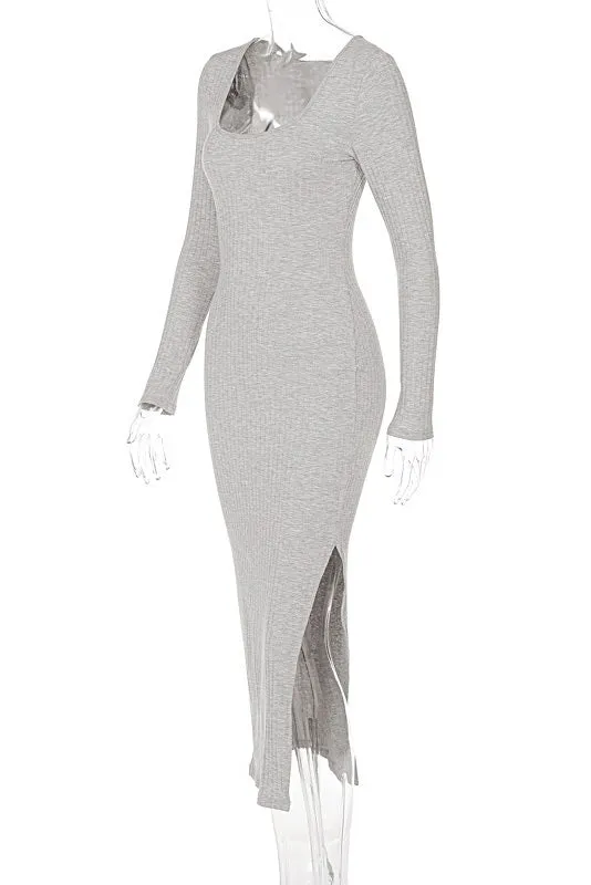 Ribbed Square Neck Bodycon Casual Dress