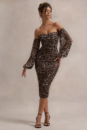 Rica | Leopard Print Bardot Puff-Sleeve Midi Dress