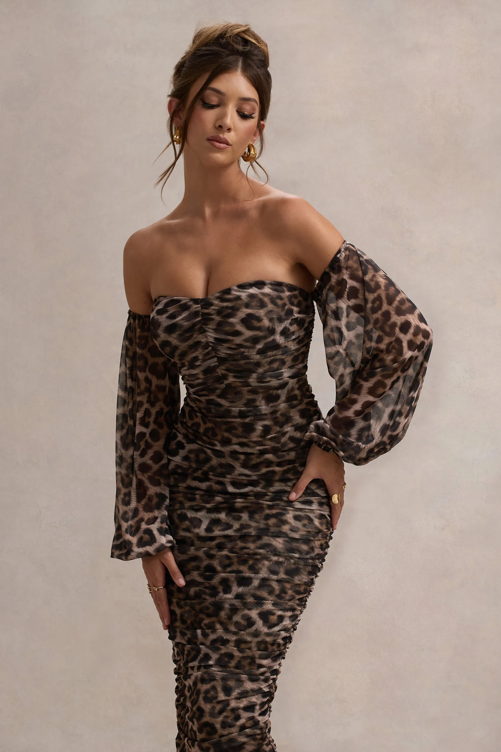 Rica | Leopard Print Bardot Puff-Sleeve Midi Dress