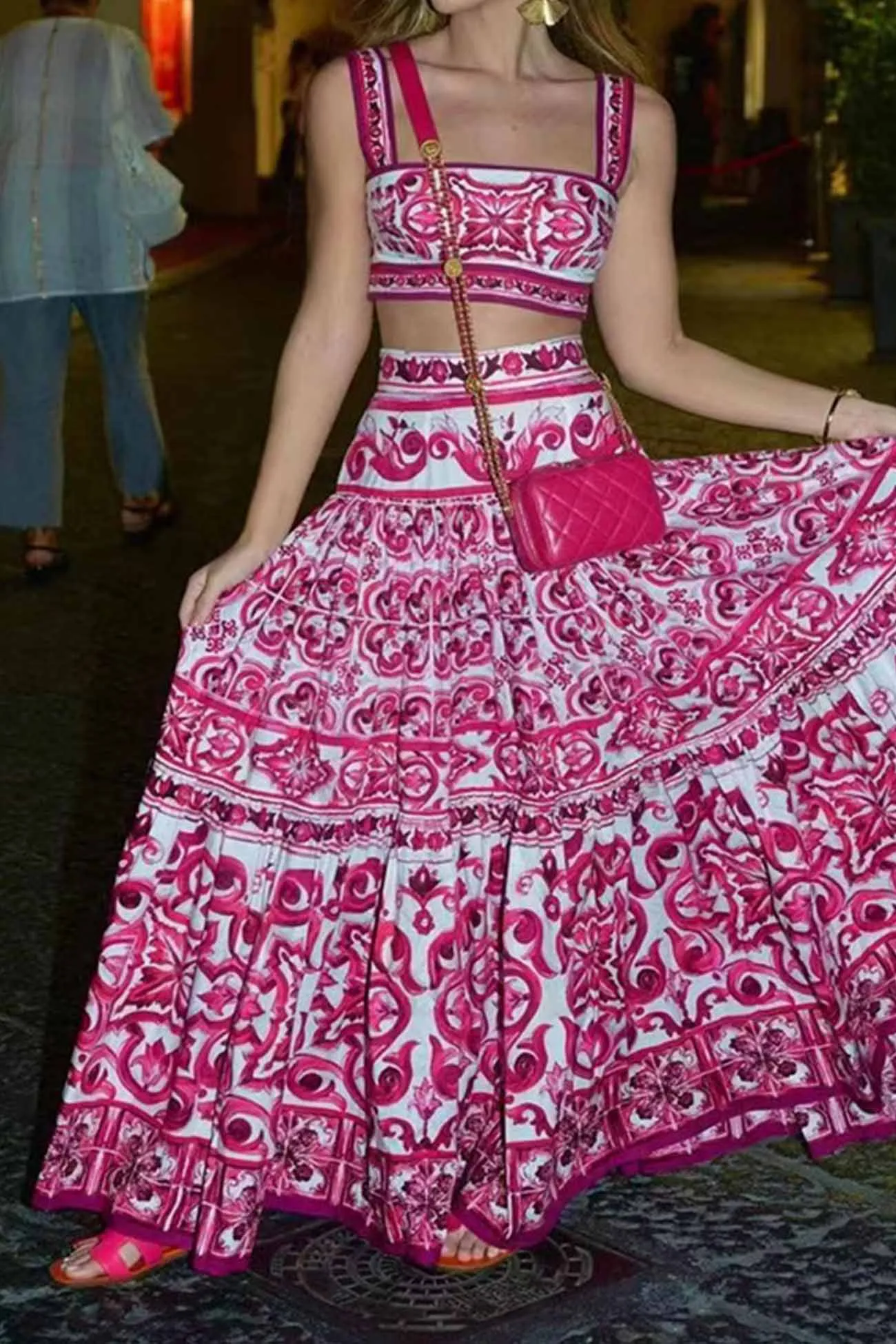 Rose Red Abstract Printed Tank Top Skirt Set