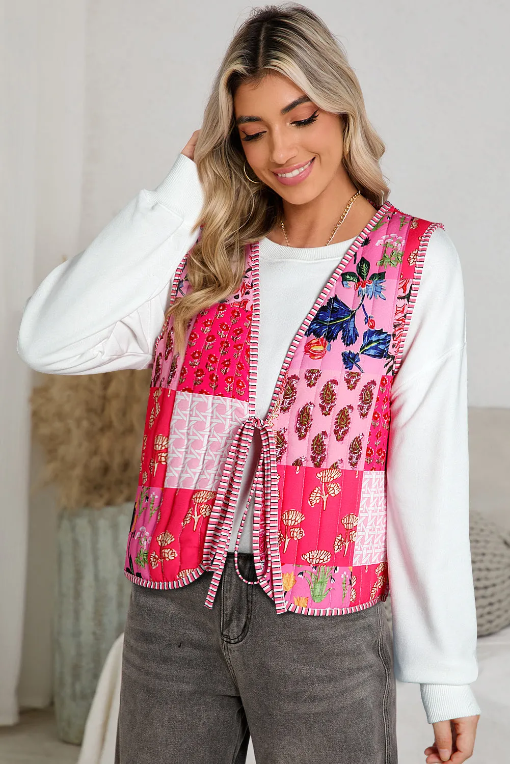 Rose Reversible Floral And Striped Boho Cardigan Vest