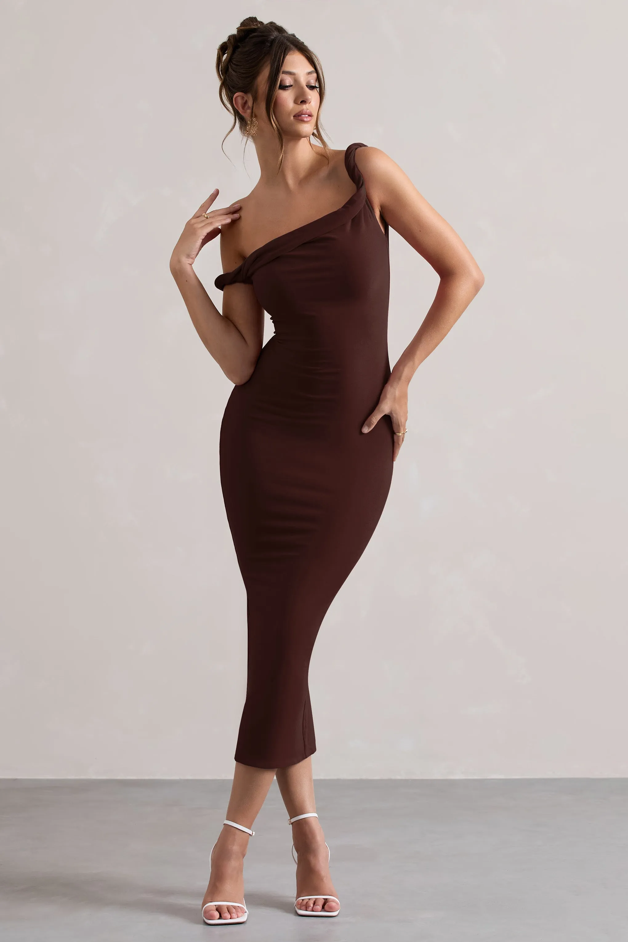 Salome | Chocolate Brown Twisted Asymmetric Midi Dress