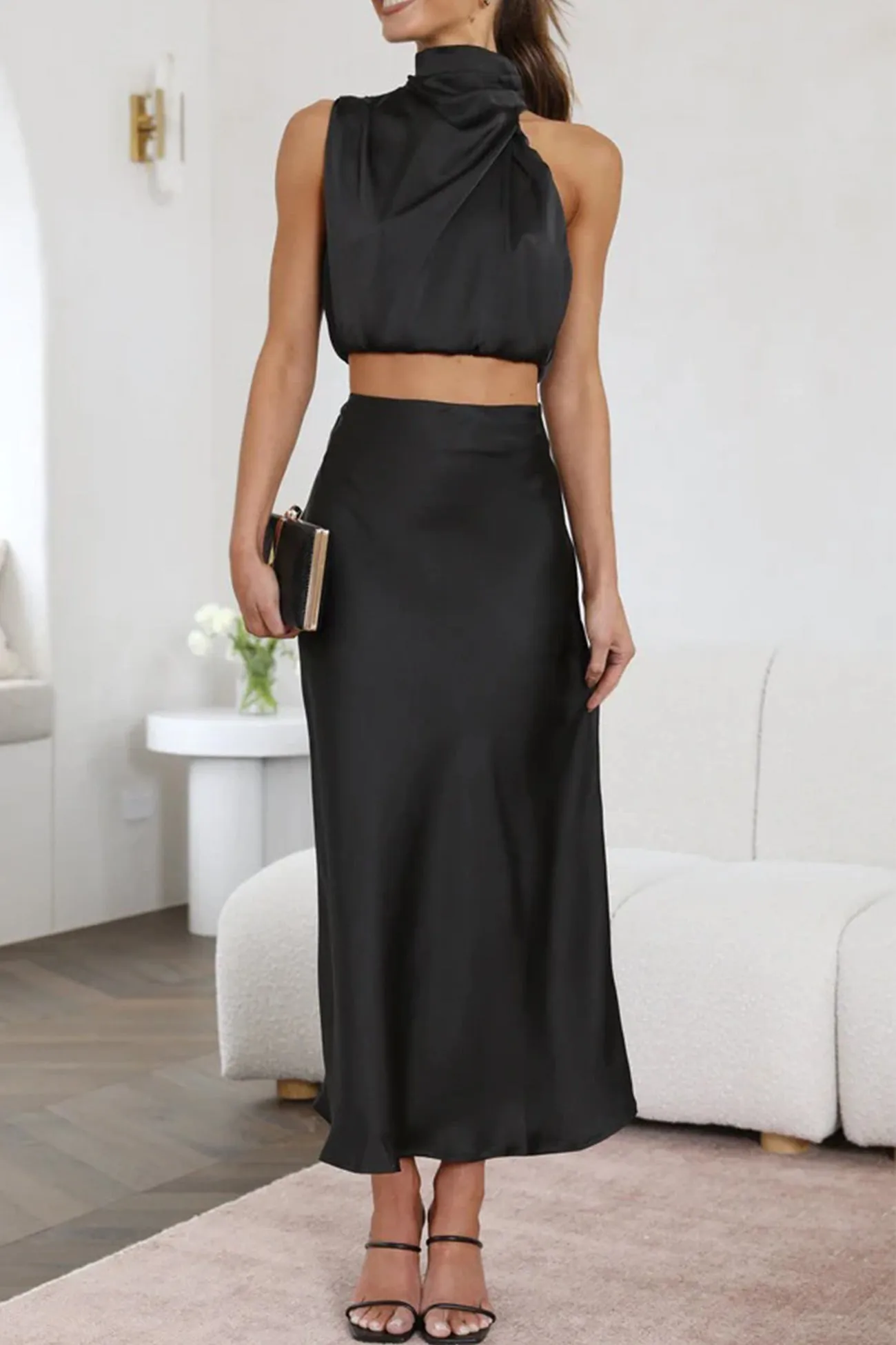 Satin Mock Neck Sleeveless Crop Top Midi Skirt Suits