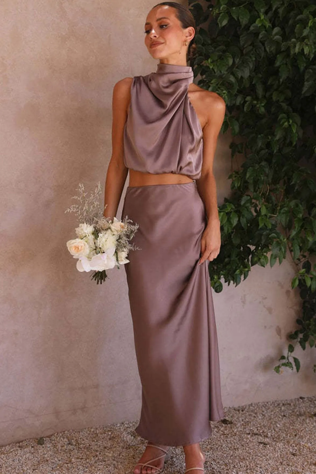 Satin Mock Neck Sleeveless Crop Top Midi Skirt Suits