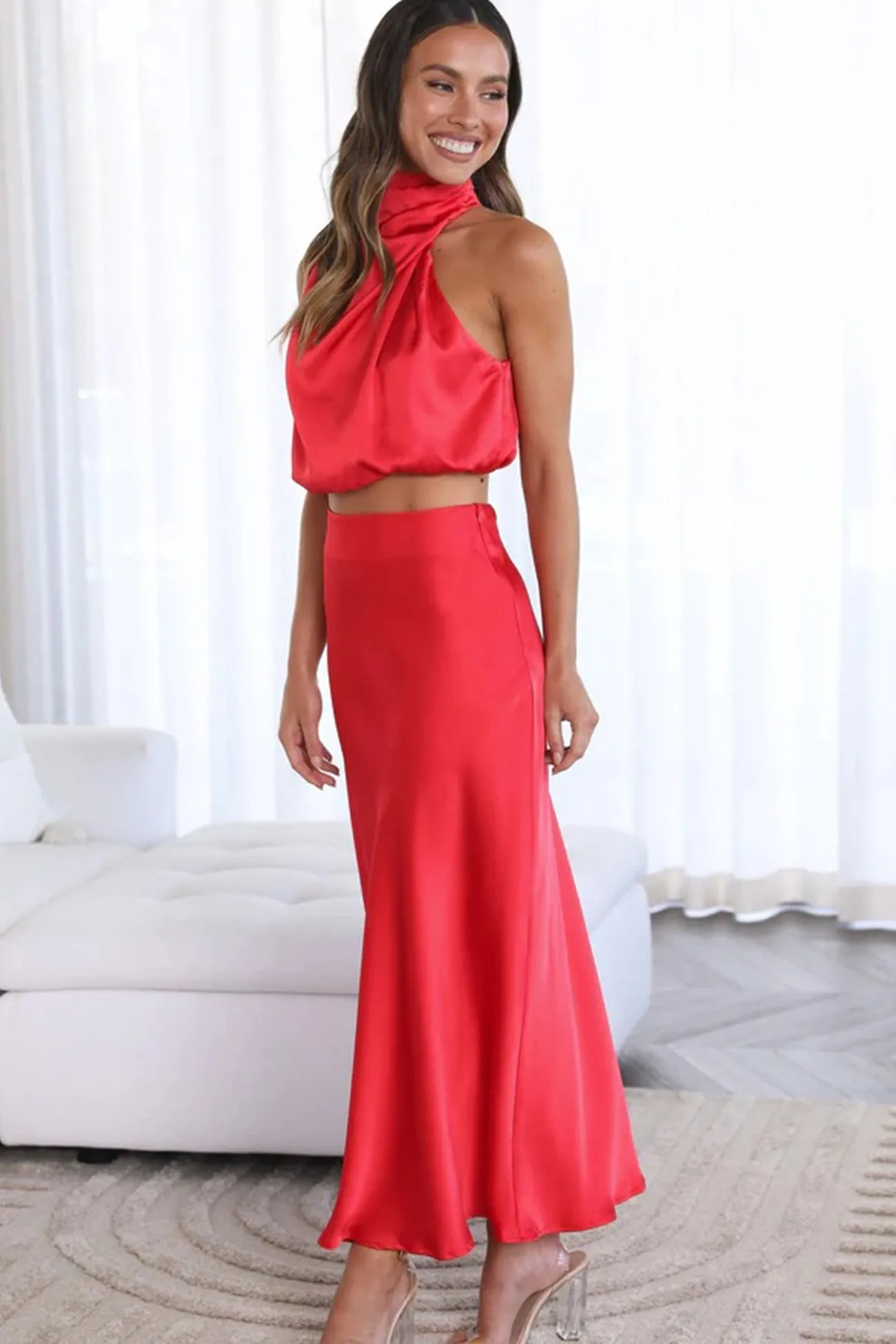 Satin Mock Neck Sleeveless Crop Top Midi Skirt Suits