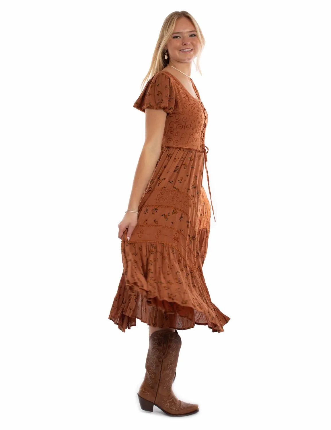 Scully Womens Soutache Rose Print Rust 100% Rayon Cap Sleeve Dress