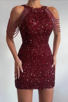 Sexy Crystal Tassel Burgundy Sequin Mini Party Dress