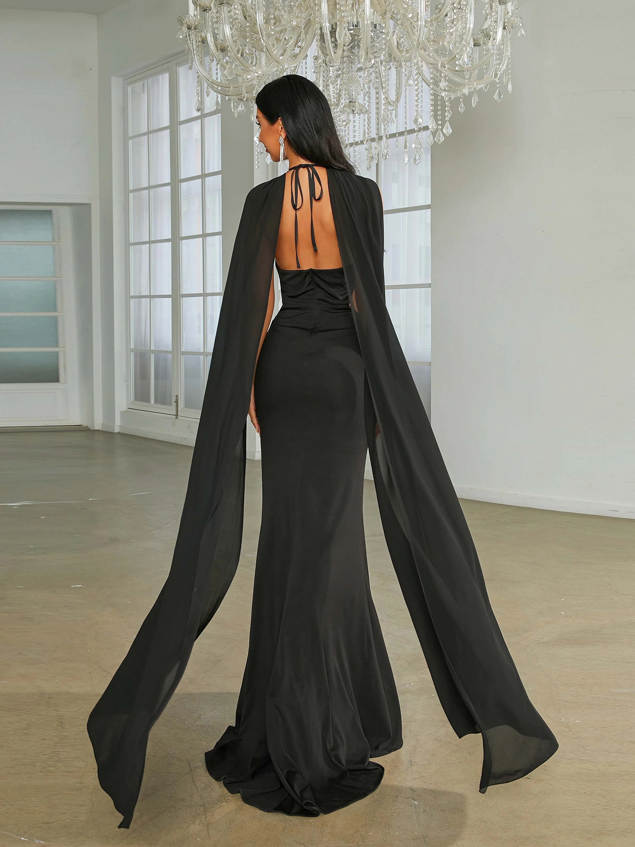 Sexy Cutout Tulle Cape Black Prom Dress RA60044