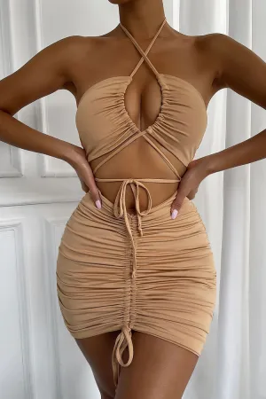 Sexy Halter Neck Cutout Drawstring Tie Ruched Bodycon Party Mini Dress - Khaki