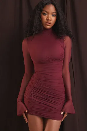 Sexy High Neck Sheer Mesh Long Sleeve Ruched Bodycon Party Mini Dress - Burgundy