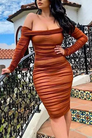 Sexy Off-the-shoulder Shirred Bodycon Dress