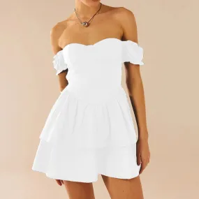 Shoulder Solid Color Short Sleeve Strapless A-Line Cake Club Streetwear Summer Off Dress