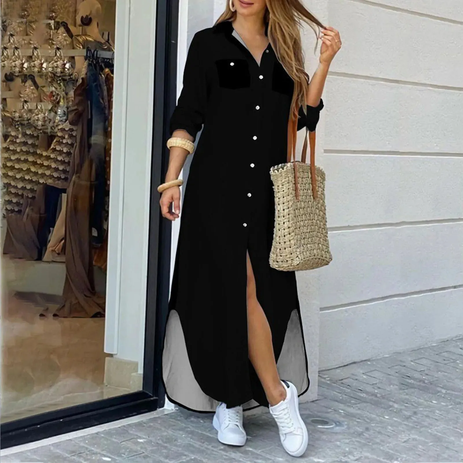 Solid V-Neck Long Sleeve Button Holiday Vintage Streetwear Casual Ir Regular Dress