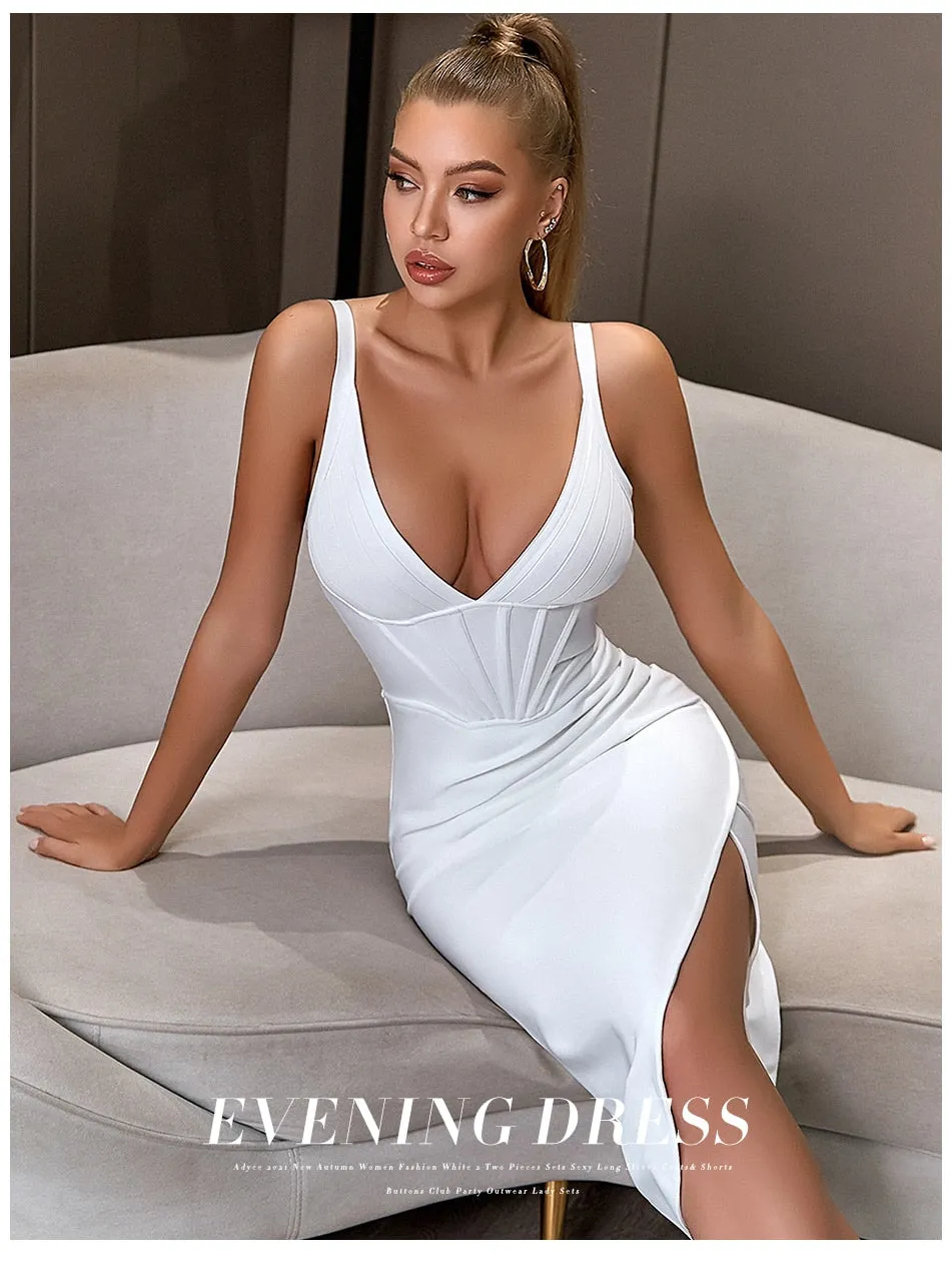 Spaghetti Strap Bodycon Bandage Dress Summer V Neck Club Elegant Outwear Celebrity Runway Party Dress