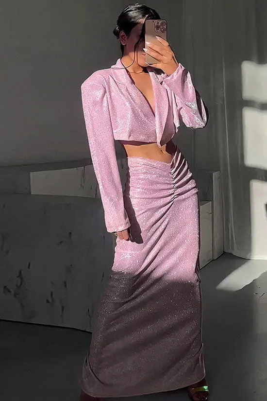 Sparkly Padded Crop Blazer Ruched Drop Waist Maxi Two Piece Dress - Pink